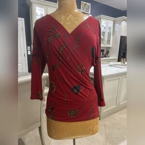 Red V-Neck Long Sleeve Top with Chain Print